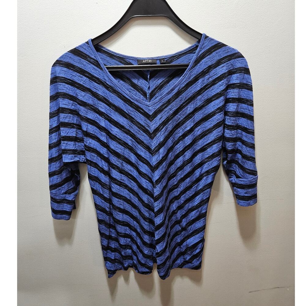 Apt 9 Blue Black Chevron Striped V Neck Top Small 3/4 Sleeve